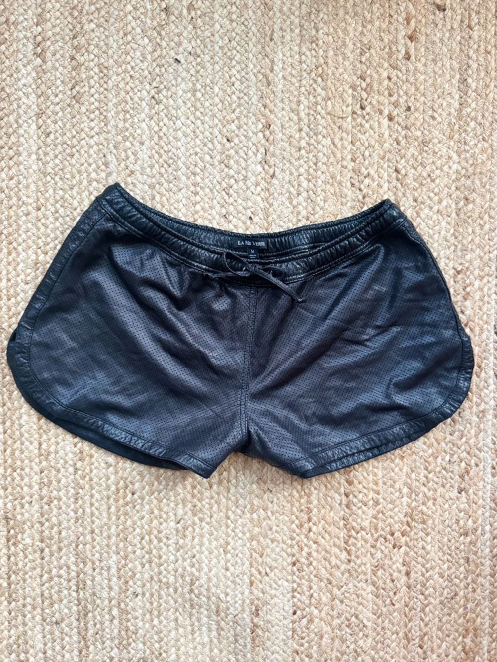 Le Fèe Verte Black Perforated Leather Athletic Shorts